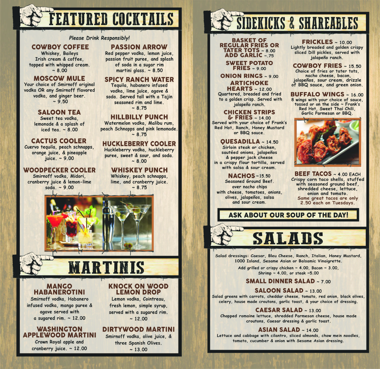 Menu/Drinks – Cedarwood Saloon – Bar & Grill – Live Bands – Rock