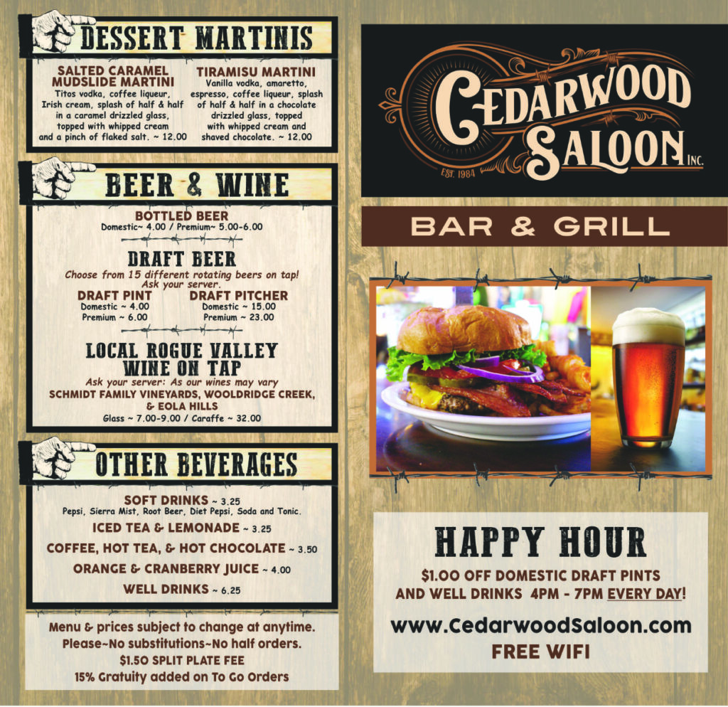 Menu/Drinks – Cedarwood Saloon – Bar & Grill – Live Bands – Rock, Blues ...